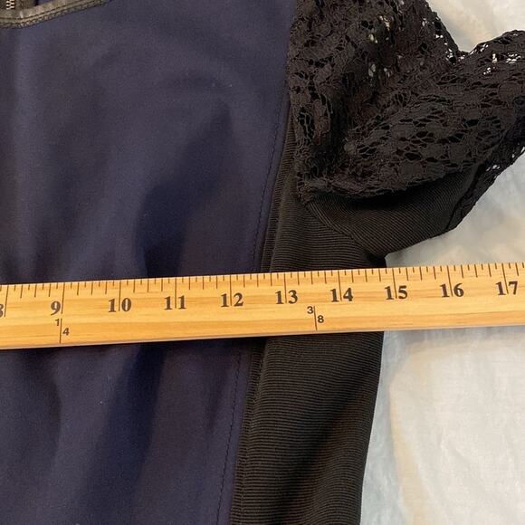 Rebecca Taylor Navy Lace Sleeve Fit and Flare Size XS Faux Leather Trim - Picture 6 of 10